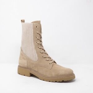 Sam Edelman Women Combat Boots Beige Lydell Knit Suede Lace Up 10M